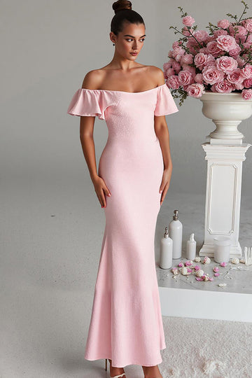 Light Pink Off the Shoulder Mermaid Satin Evening Dress